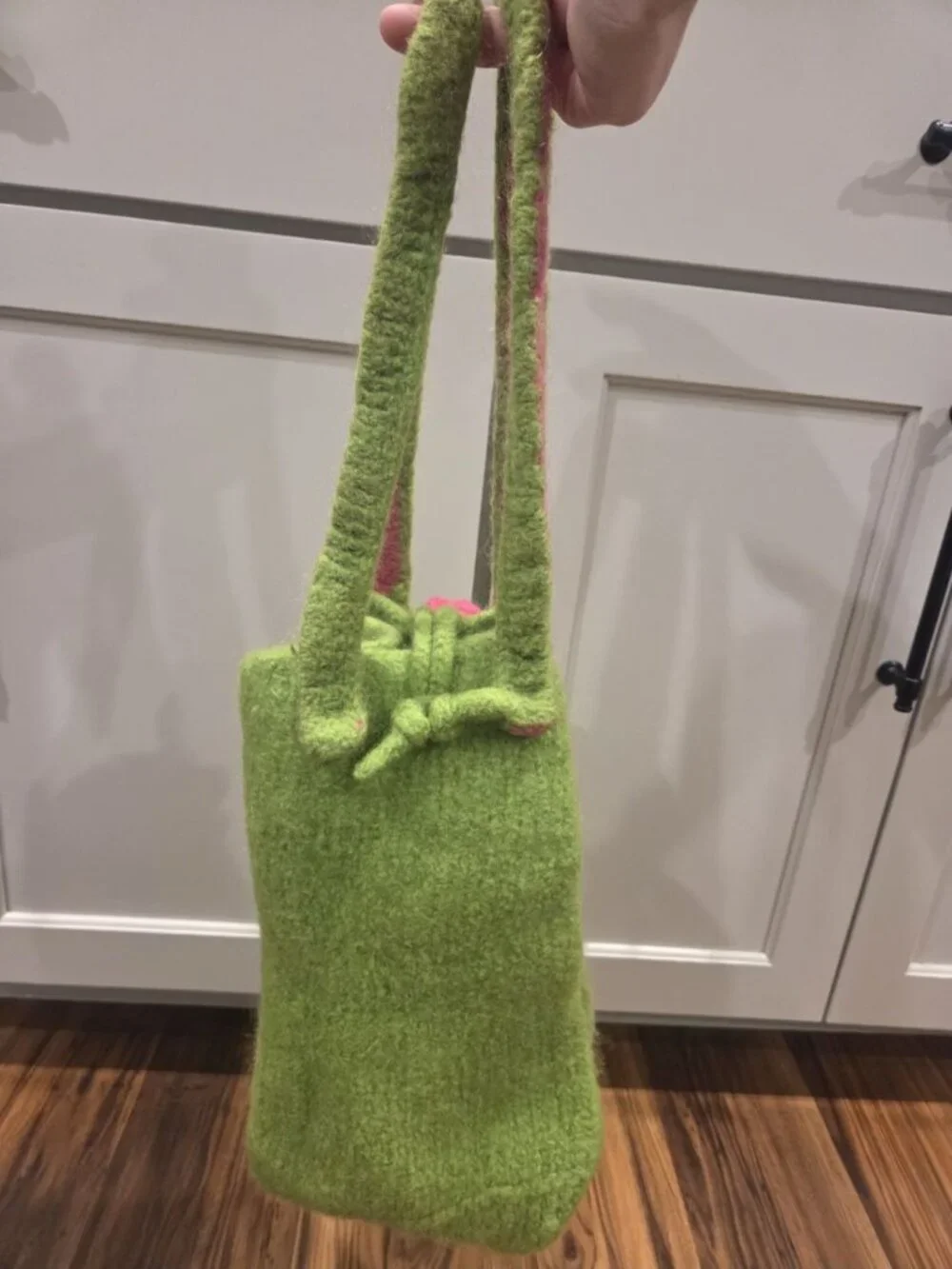 Handmade Felted Wool Tote Lime Green & Pink Parallel Straps Toggle Closure
